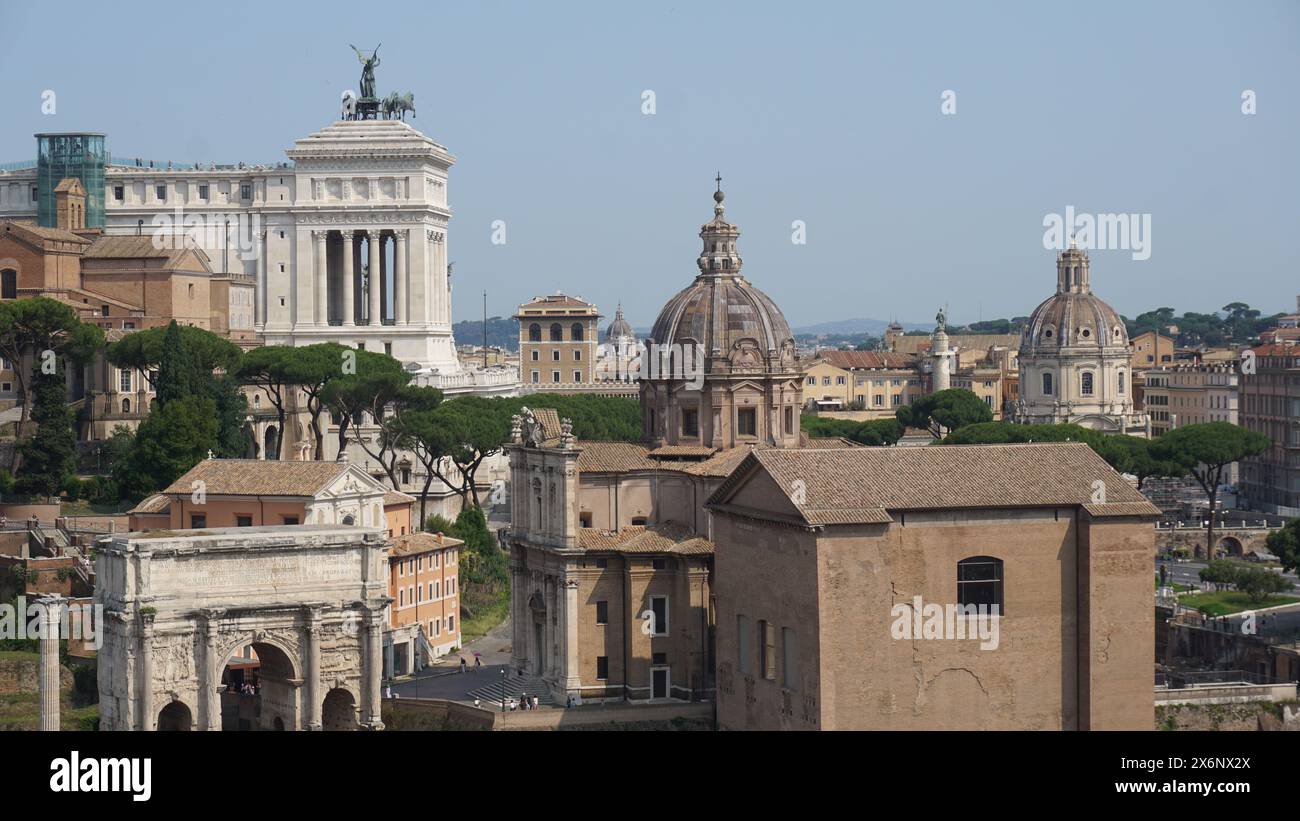 Panoramic cityscape view of the Roman Forum and the Roman Altar of the Fatherland in Rome, Italy Stock Photo