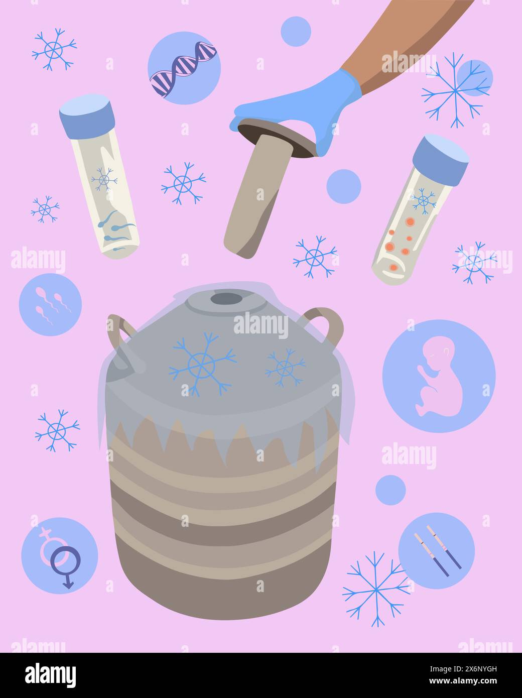 Vector isolated illustration of egg sperm freezing. Artificial insemination. Ovulation. Cryobank. Sperm bank. Stock Vector