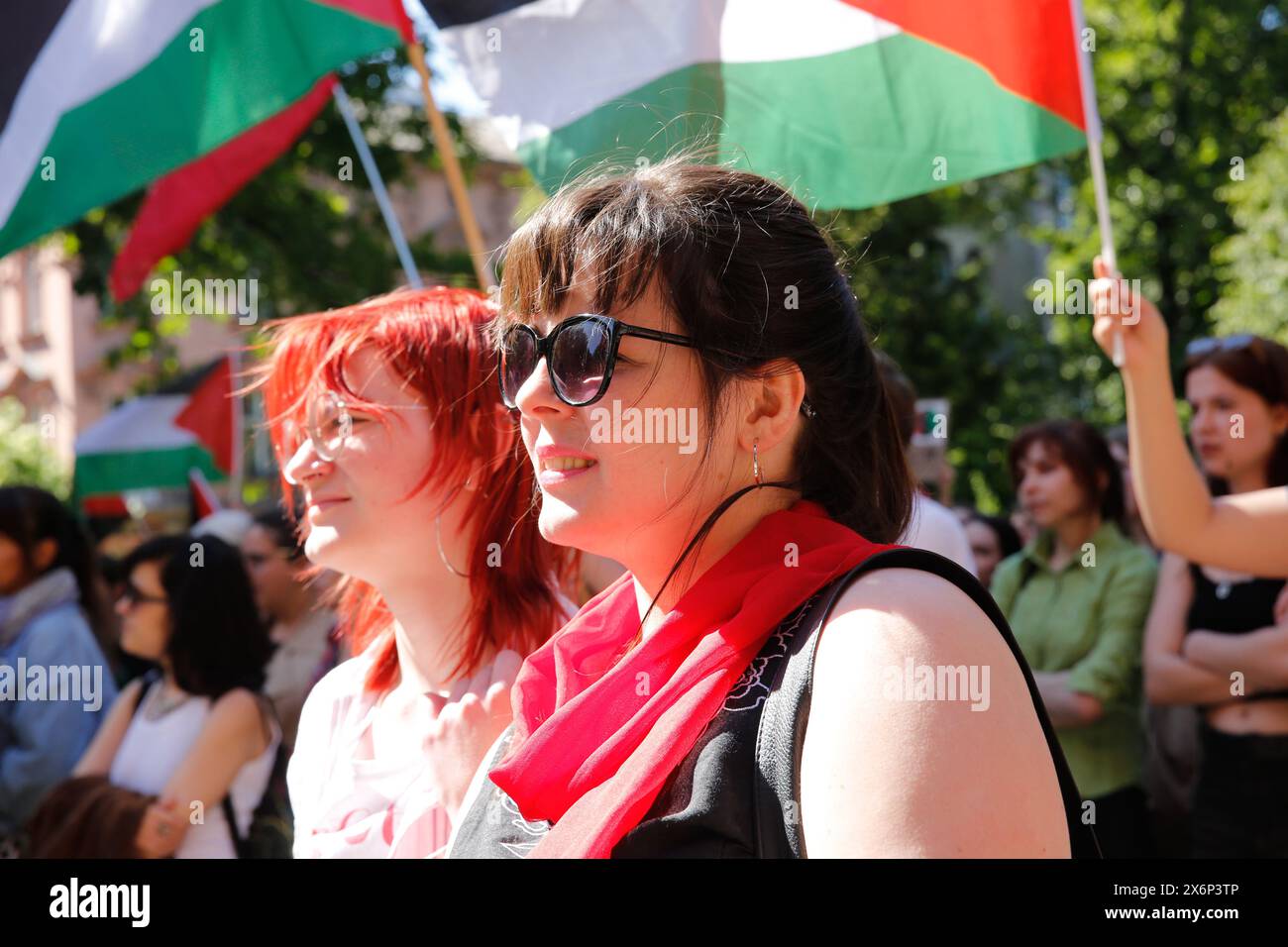 Students chant pro-Palestine slogans and hold Palestinian flags and banners during the first in Poland demonstration organized by students and scholars against Israeli attack on Gaza Strip in front of Collegium Novum, the office of Jagiellonian University dean in Krakow, Poland on May 15, 2024. Stock Photo