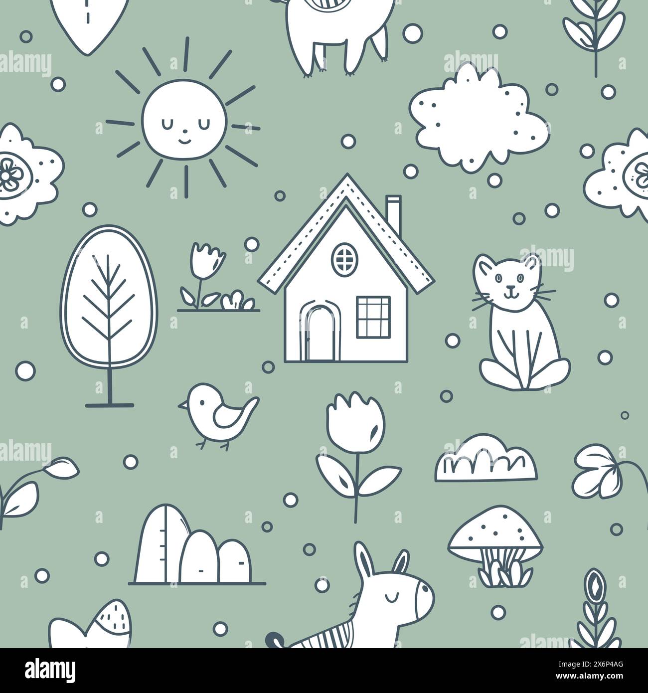 Vector kid seamless pattern Cute baby print with donkey, house, sun ...
