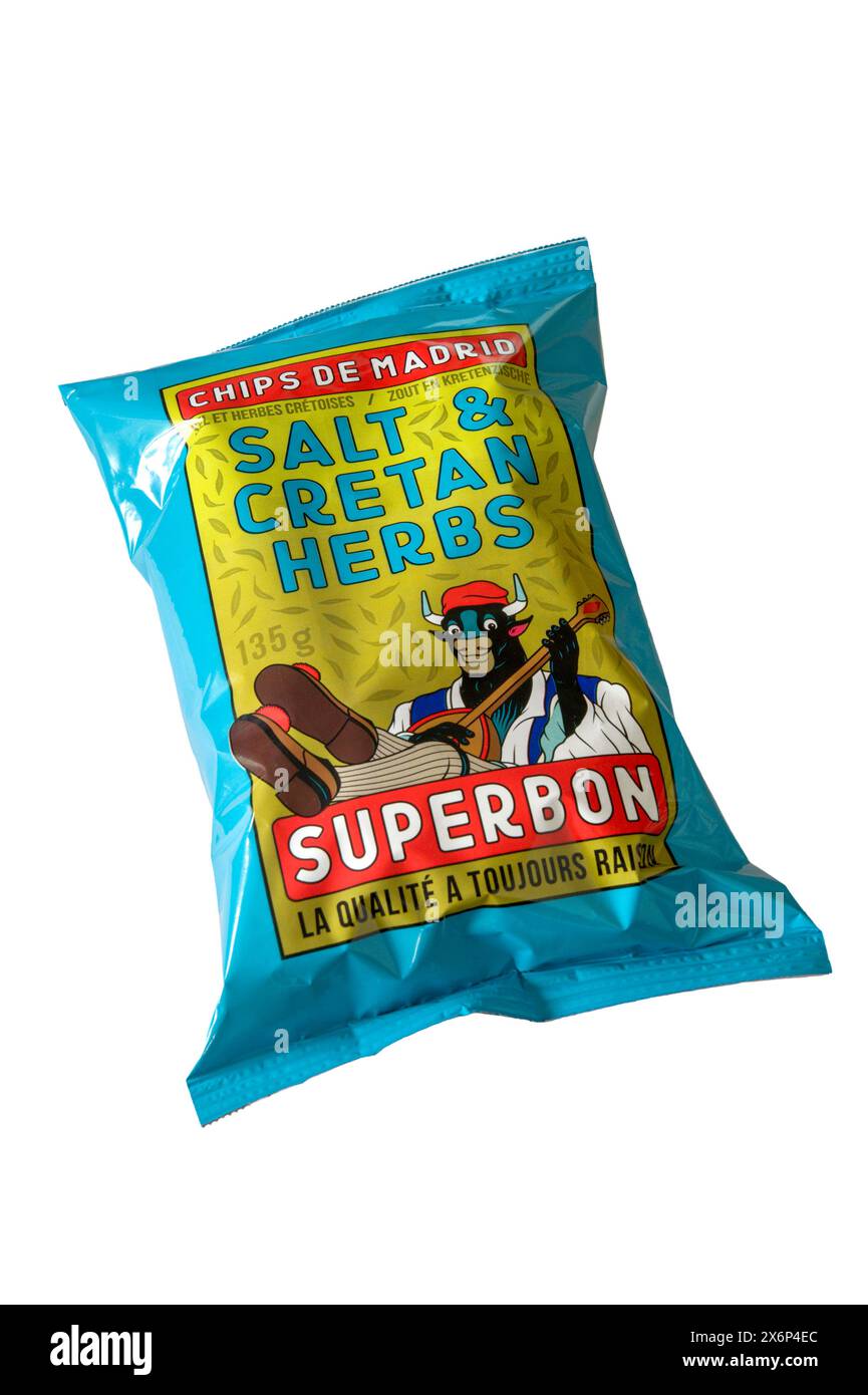A packet of Superbon Chips de Madrid Salt & Cretan Herbs potato crisps. Stock Photo