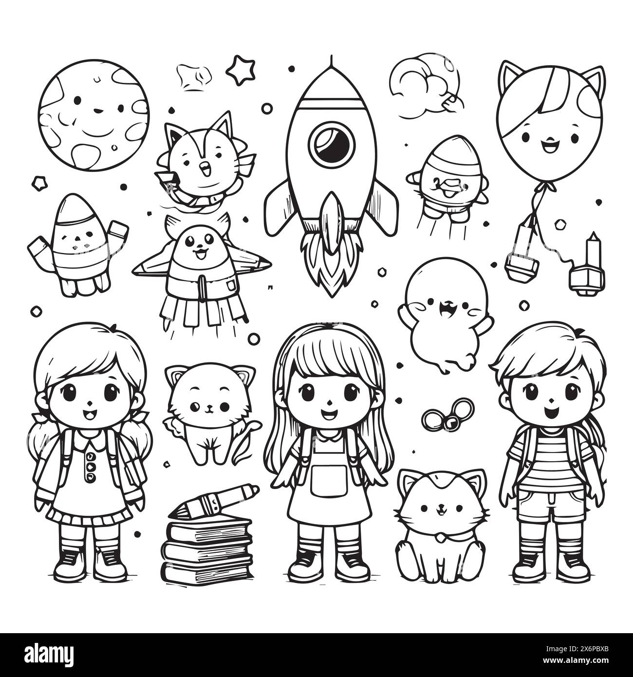 Whimsical Line Art Coloring Book Vector Designs for Children: Creative and Engaging Illustrations to Spark Imagination Stock Vector
