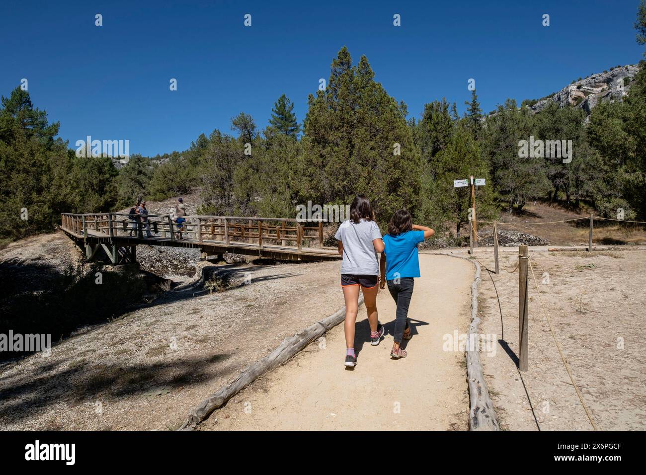 accessible trail, Natural Monument of La Fuentona, source of the river Abión, Muriel de la Fuente, Soria, Autonomous Community of Castile, Spain, Europe. Stock Photo