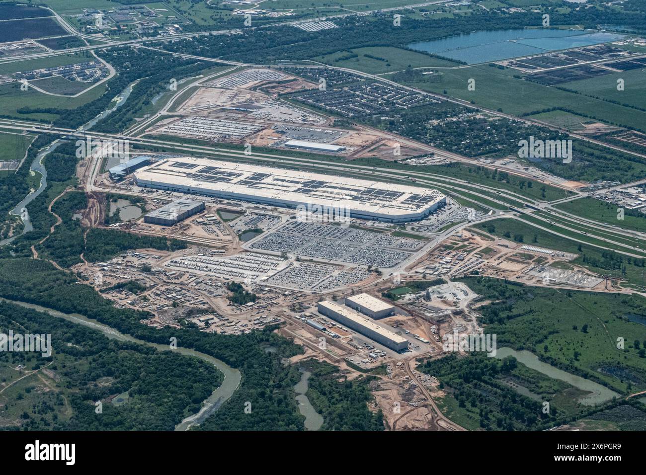 Aerial view of the Tesla Giga Factory outside of Austin, Texas which is