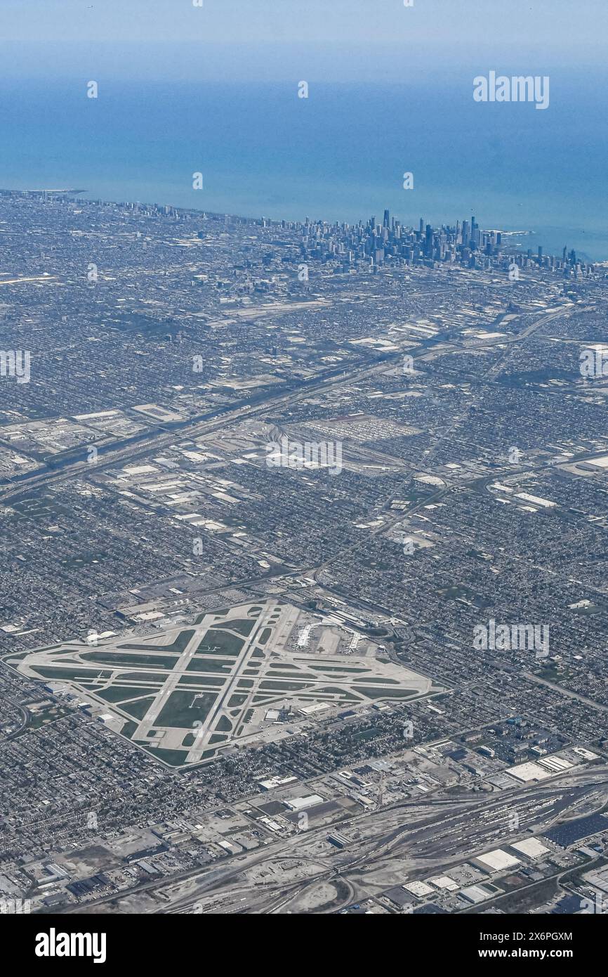 Aerial view of Midway Airport and Downtown Chicago Stock Photo