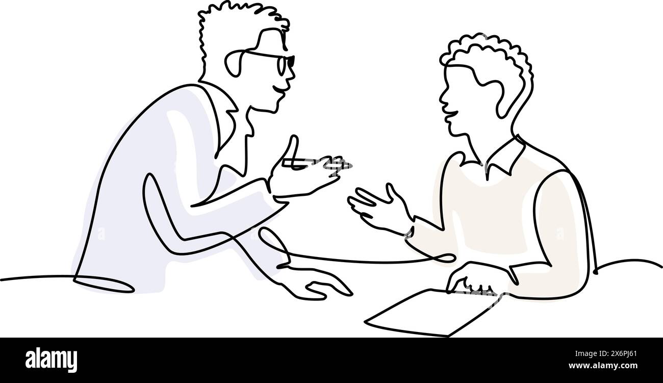 Male teacher explaining a task to a boy student. One line drawing Stock Vector