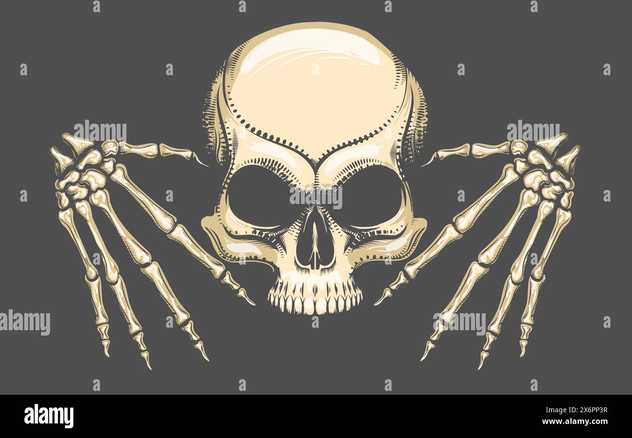 Human Skull with Skeleton Hands Tattoo in Engraving Style. Vector illustration. No AI software was used. Stock Vector