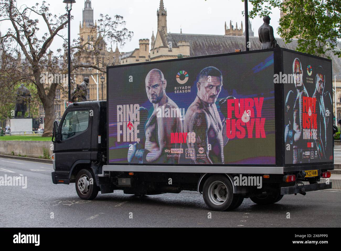 London, UK. 16th May, 2024. fight display a series of messages on digital billboard vans Tyson Fury and Oleksandr Usvk go head-to-head this weekend in what is the biggest heavyweight fight in more than two decades Credit: Richard Lincoln/Alamy Live News Stock Photo