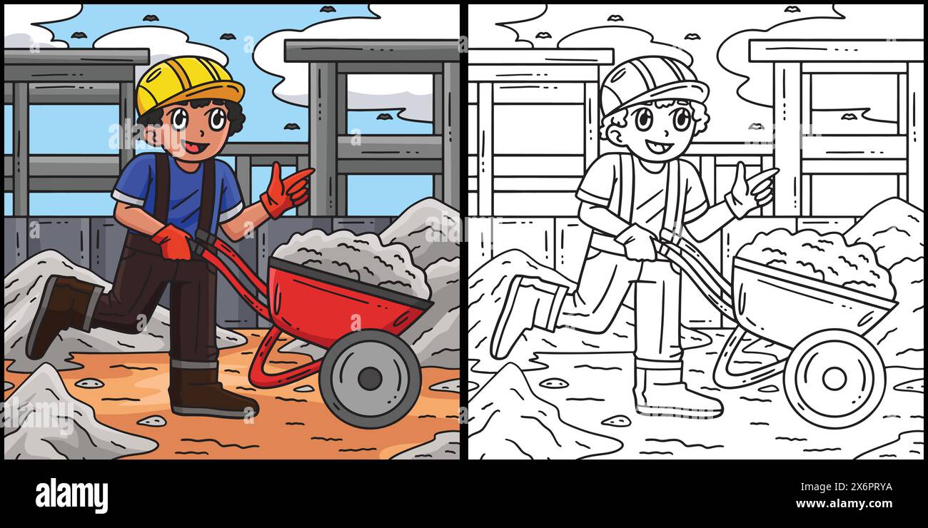 Construction Worker and Wheelbarrow Illustration Stock Vector Image ...