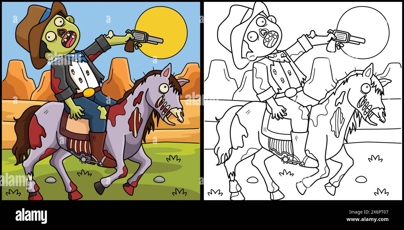 Zombie Cowboy Coloring Page Colored Illustration Stock Vector Image ...