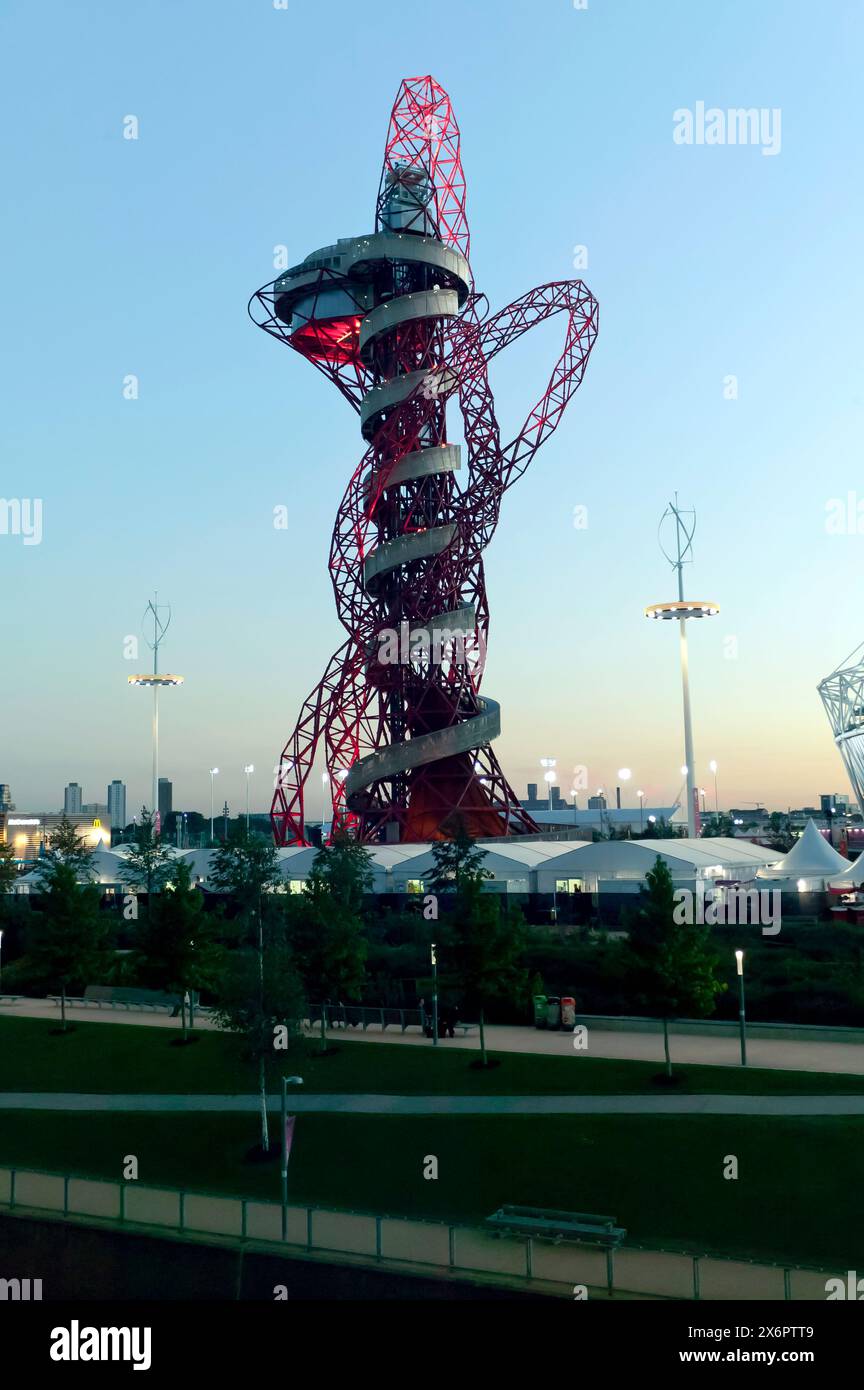 Sunset view of the Orbit, sculpture and observation tower, during the 2012 London Paralympic Games, Queen Elizabeth II Olympic Park, Stratford. Stock Photo
