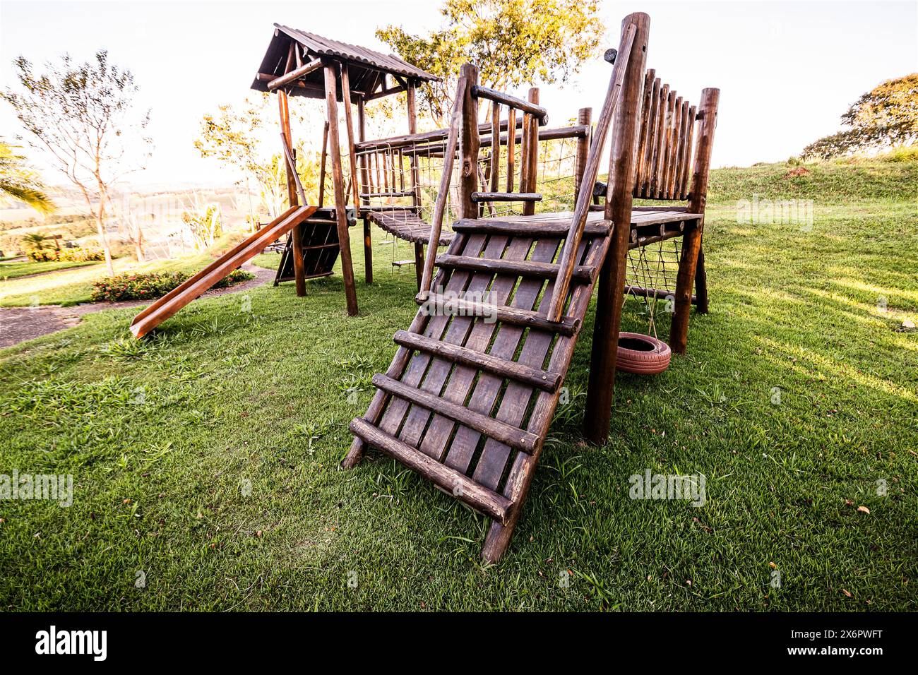 old wooden playground, abandoned, rustic park without children, Brazil ...