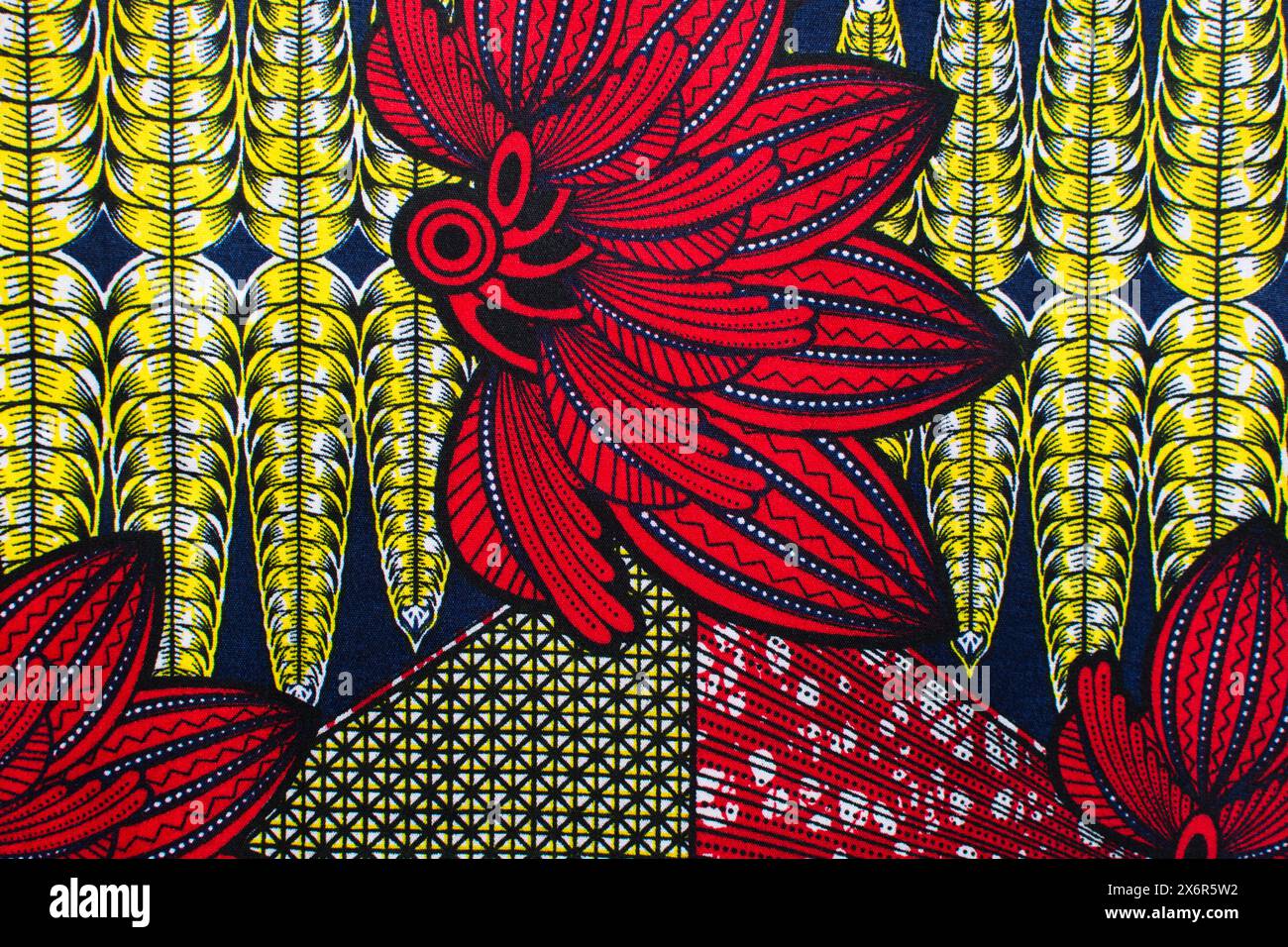 Red and Yellow Abstract Ankara Wax Print Fabric with Floral and Checkered Design main image 1