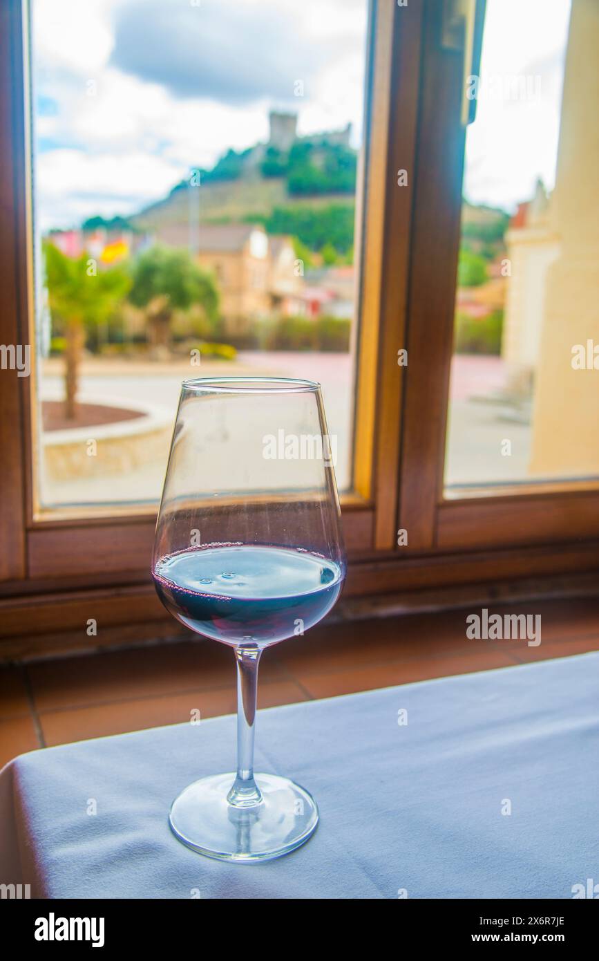 Glass of Ribera del Duero red wine. Peñafiel, Valladolid province, Spain. Stock Photo