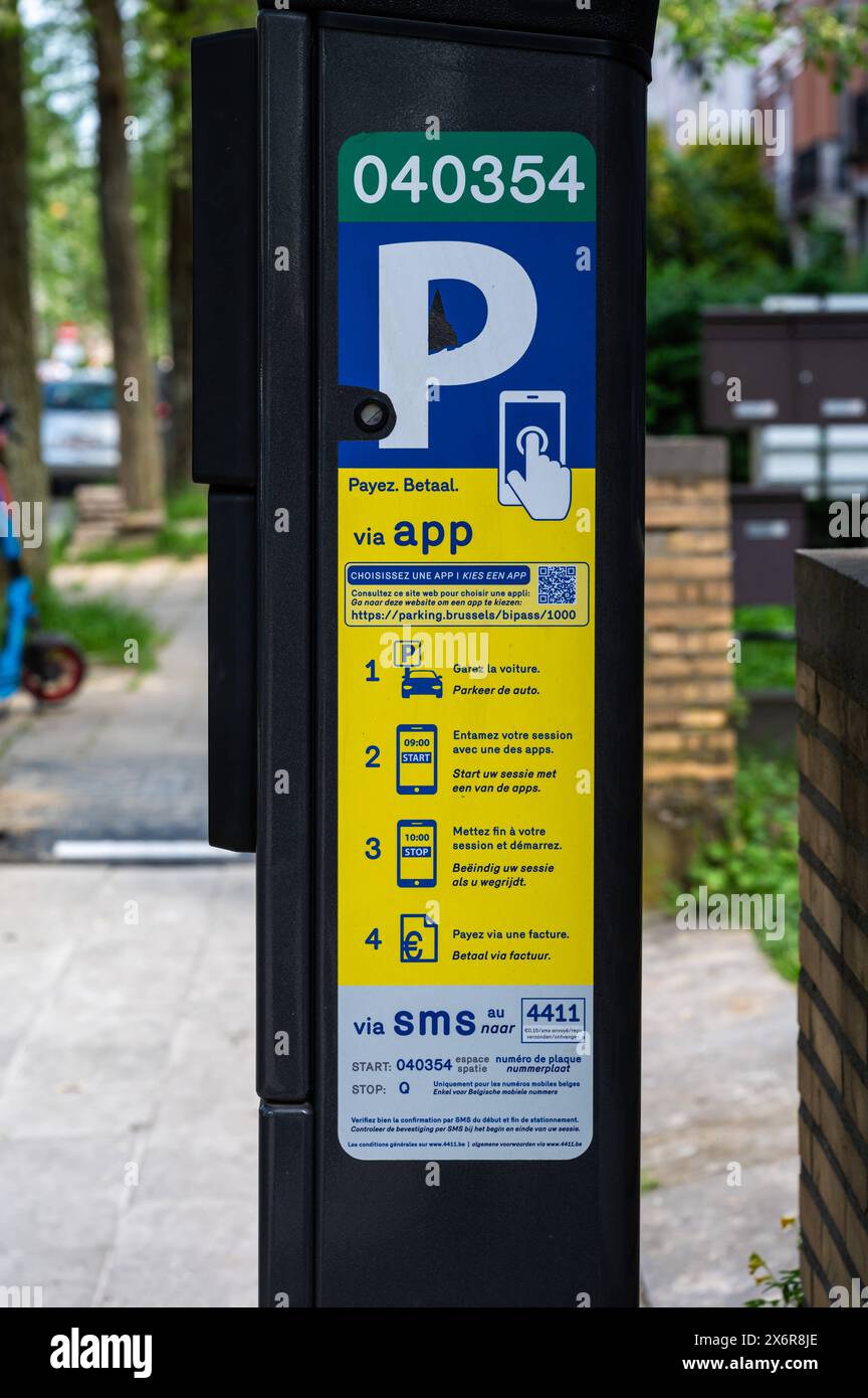 Laeken, Brussels Capital, Belgium - May 12, 2024 - Public parking ticket vending machine Stock Photo