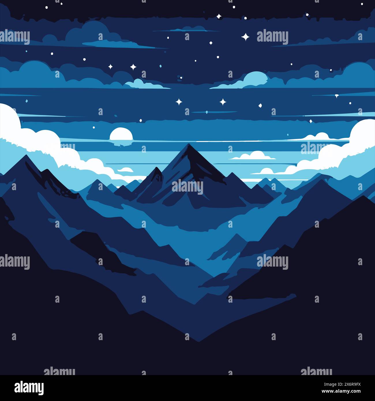 Melancholic Mountain Nights - A Serene Silhouette Illustration of Natural Landscapes Stock Vector