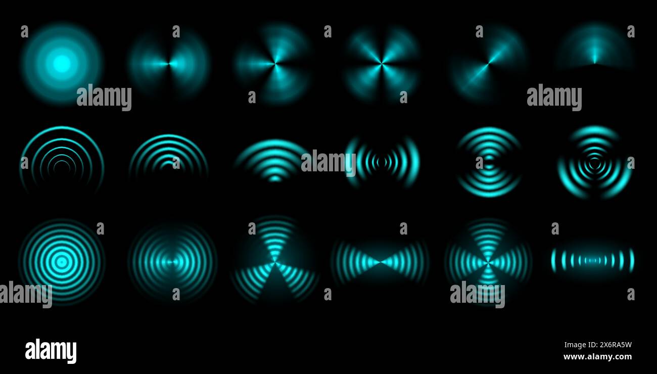 Wireless signal waves. Futuristic sound wave, digital beam and radial waveforms isolated vector overlay set Stock Vector