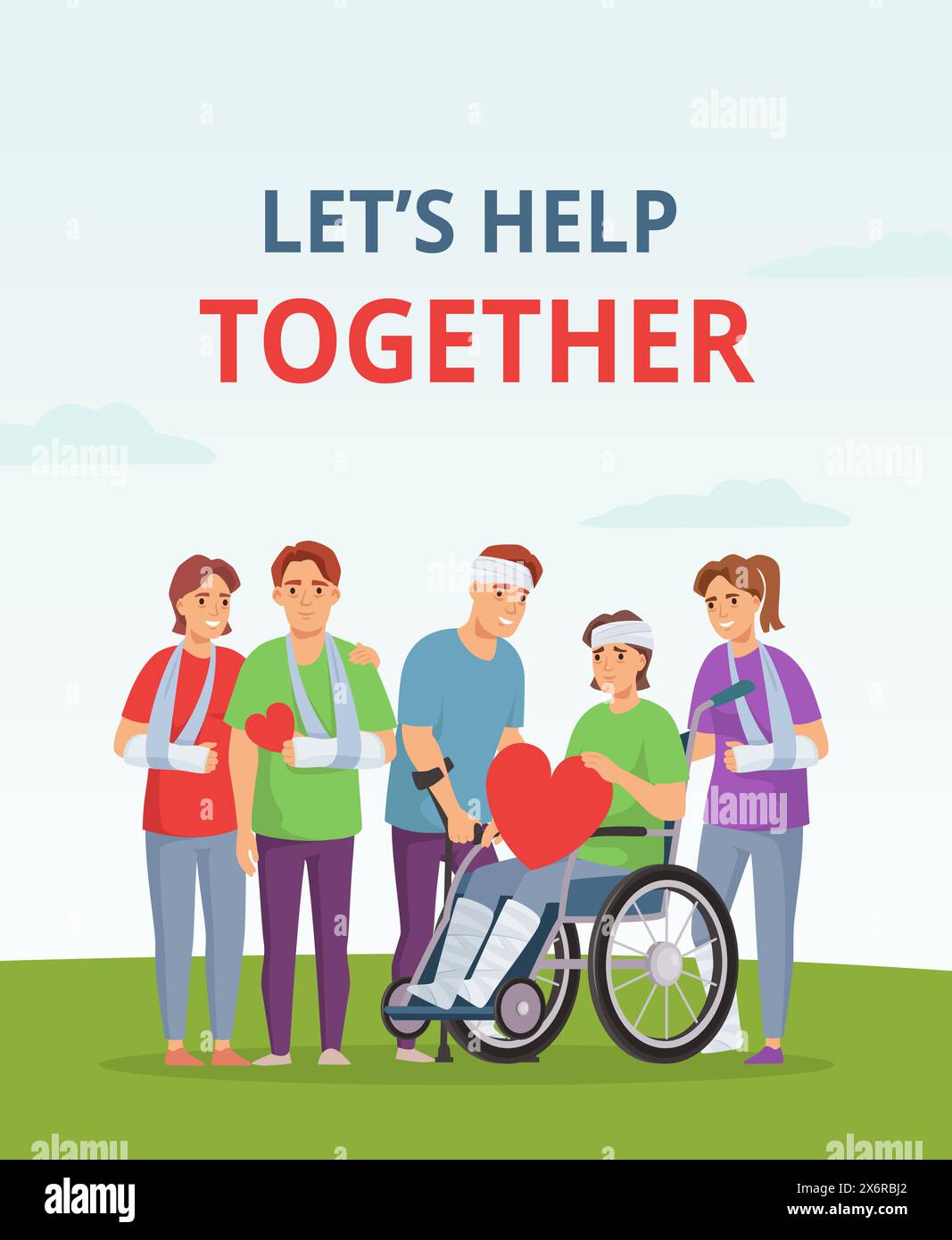 Rehabilitation support community. Help together poster with injured patients, people with arm slings, crutches and wheelchair. Medical assistance Stock Vector