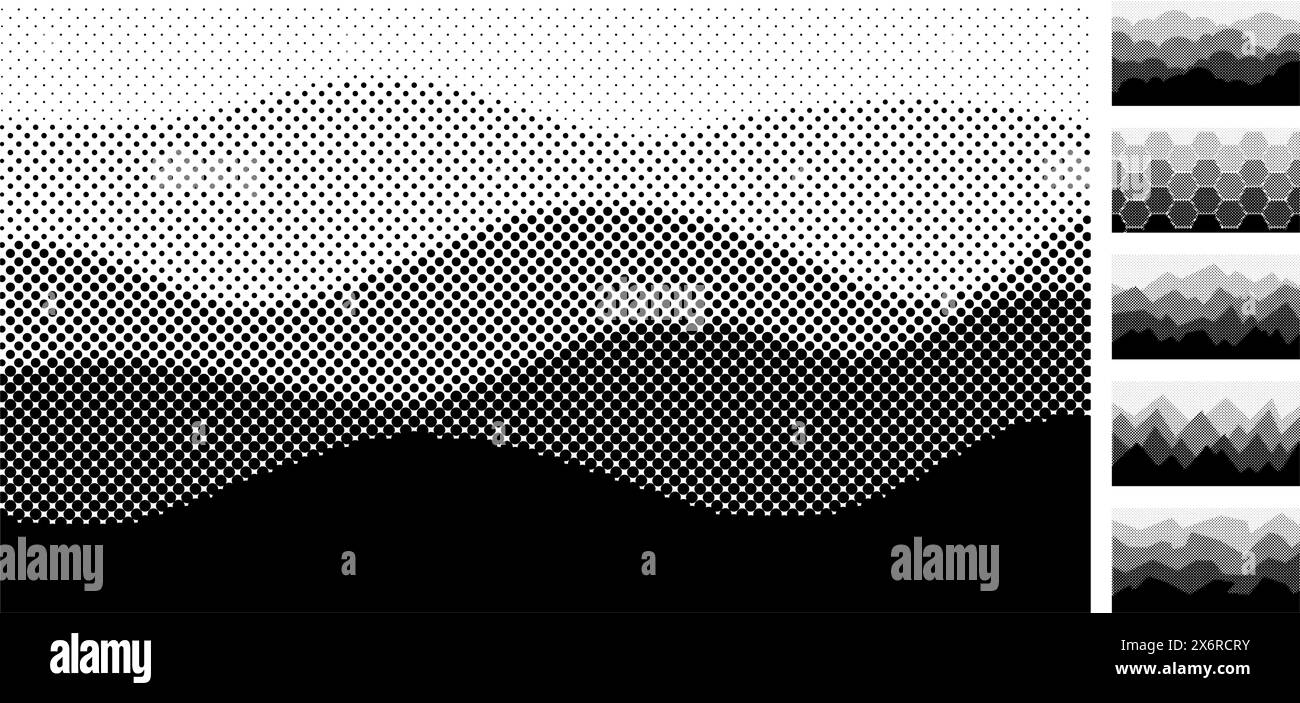 Abstract halftone layered backgrounds. Air perspective halftones landscape, geometric mountains and clouds dot textured wallpaper vector set Stock Vector