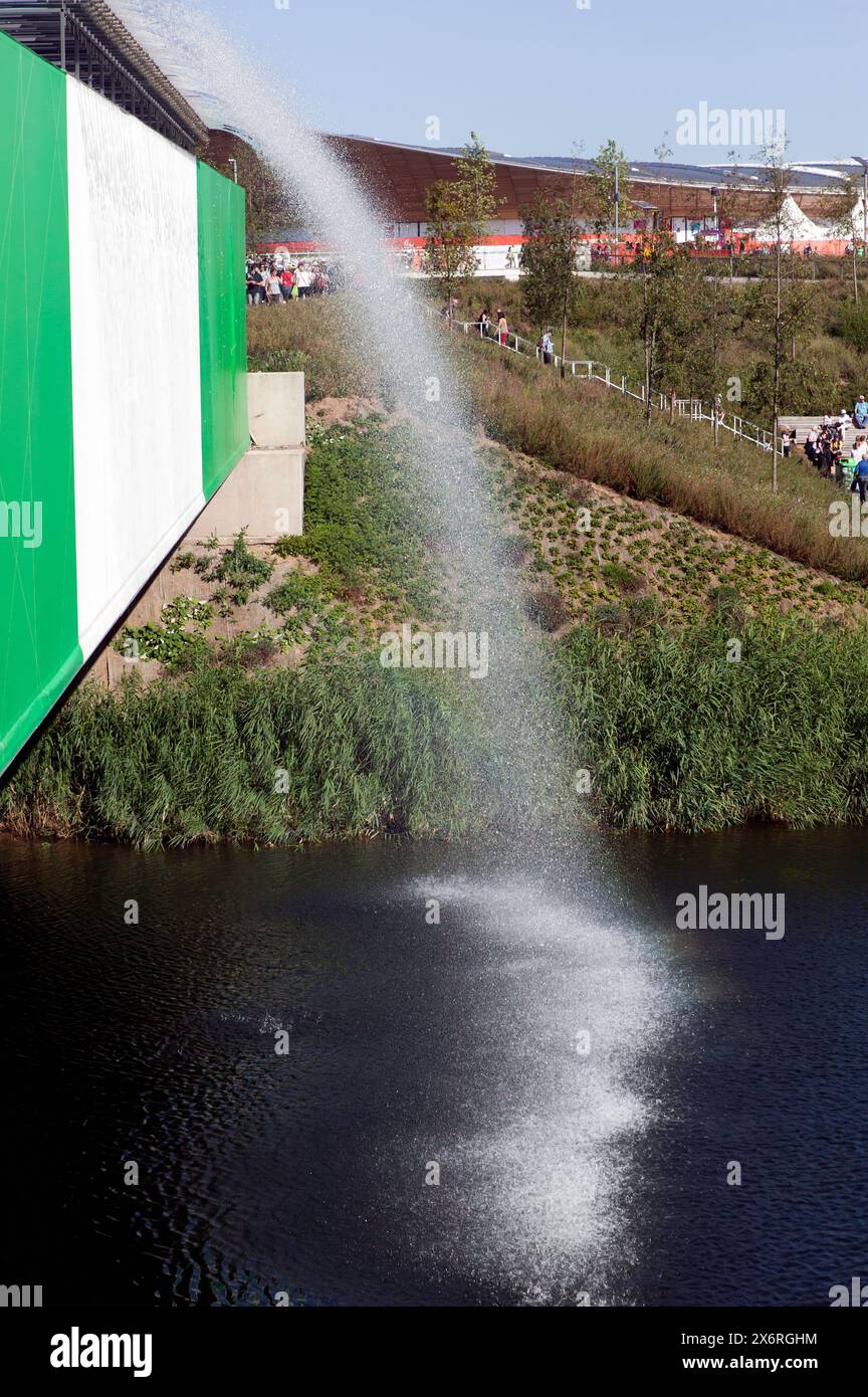 Close-up of a temporary waterfall feature over the River Lea, in the Queen Elizabeth II Olympic Park, during the 2012 London Paralympic Games. Stock Photo