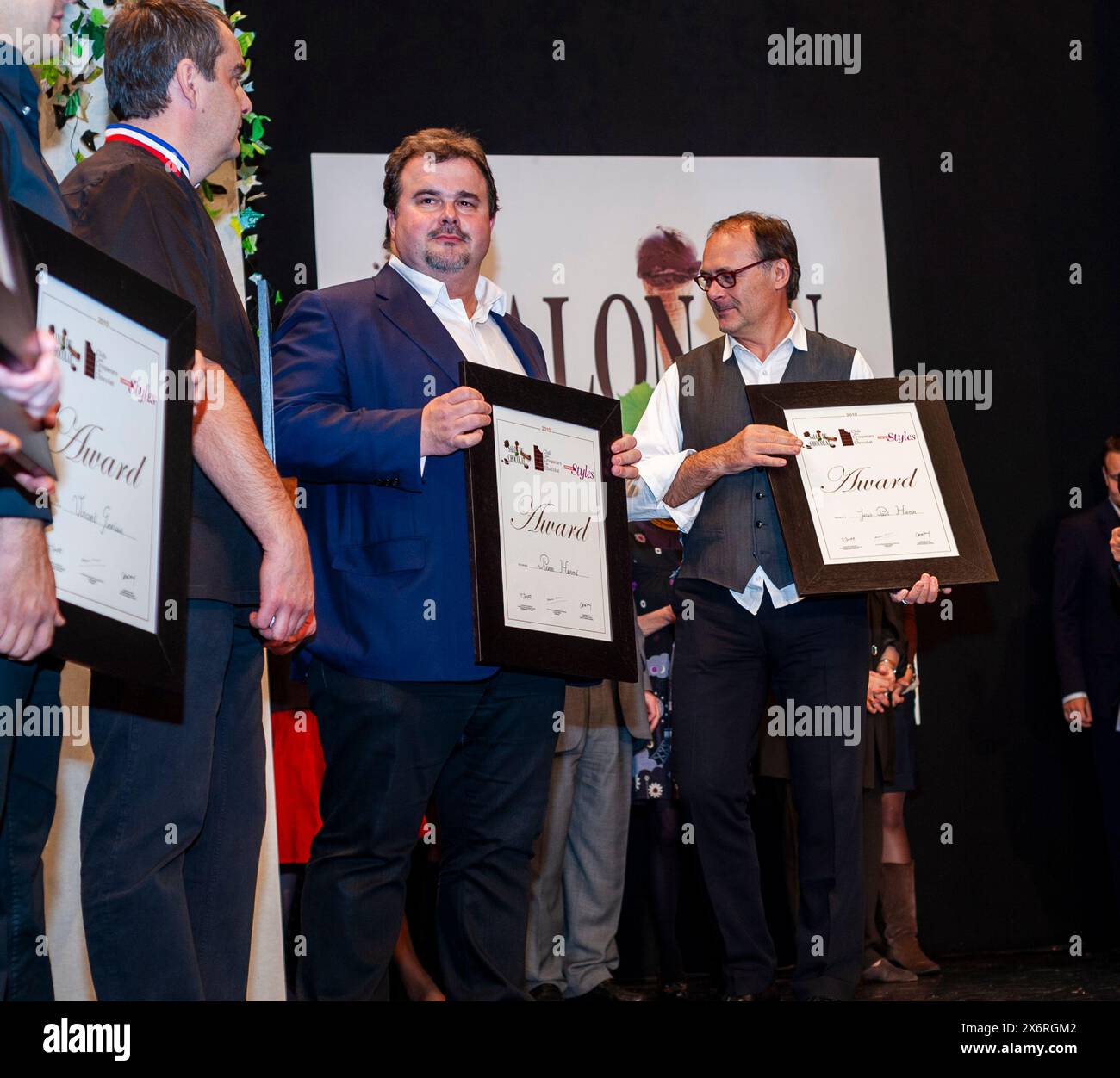 PARIS, FRANCE, Group People, Men, Holding Awards, Pierre Hermé, Jean-Paul Hévin, Chocolate Trade Show Stock Photo