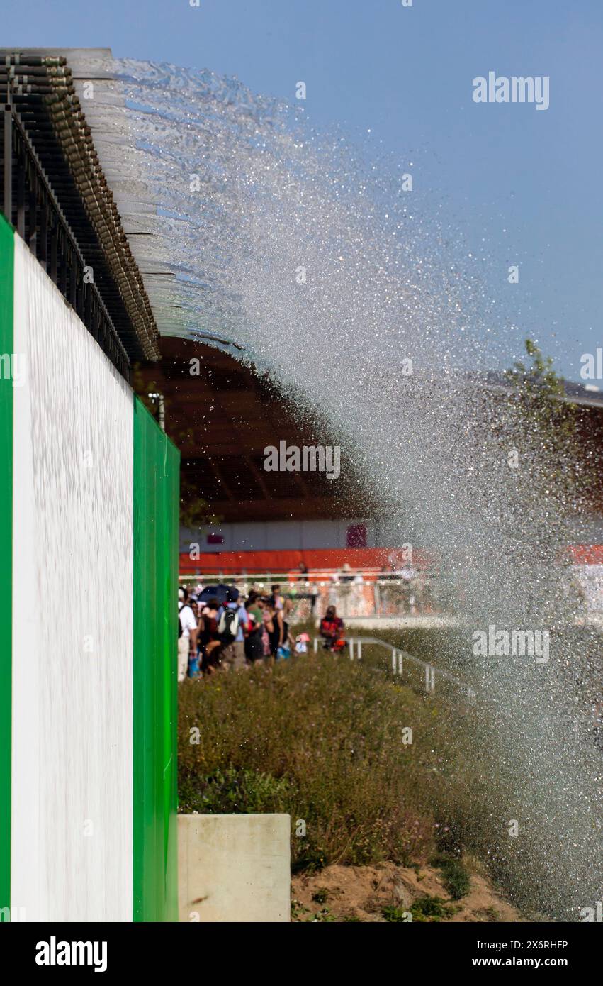 Close-up of a temporary waterfall feature over the River Lea, in the Queen Elizabeth II Olympic Park, during the 2012 London Paralympic Games Stock Photo