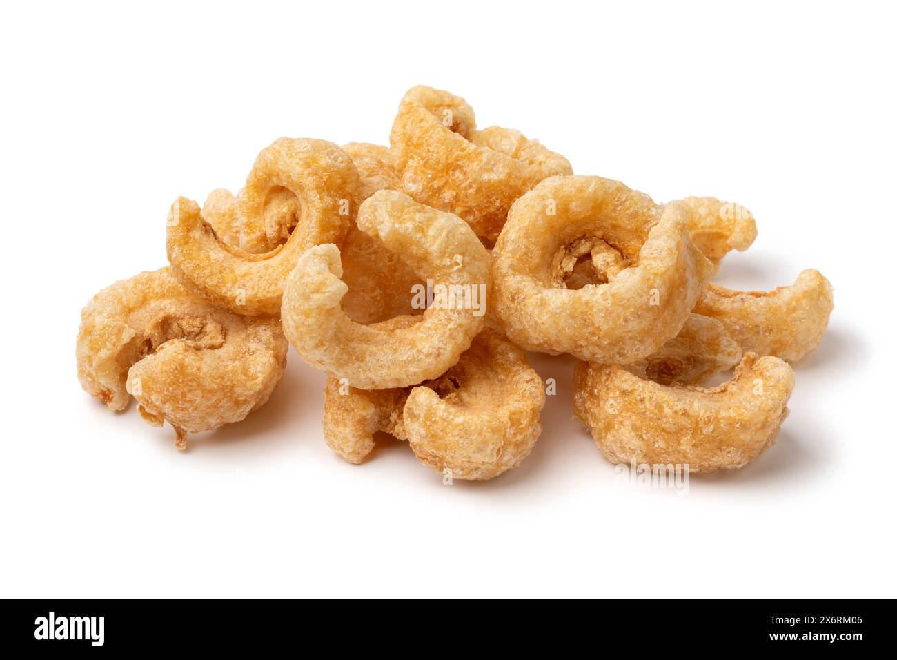 Traditional fried pork rind isolated on white background close up Stock Photo