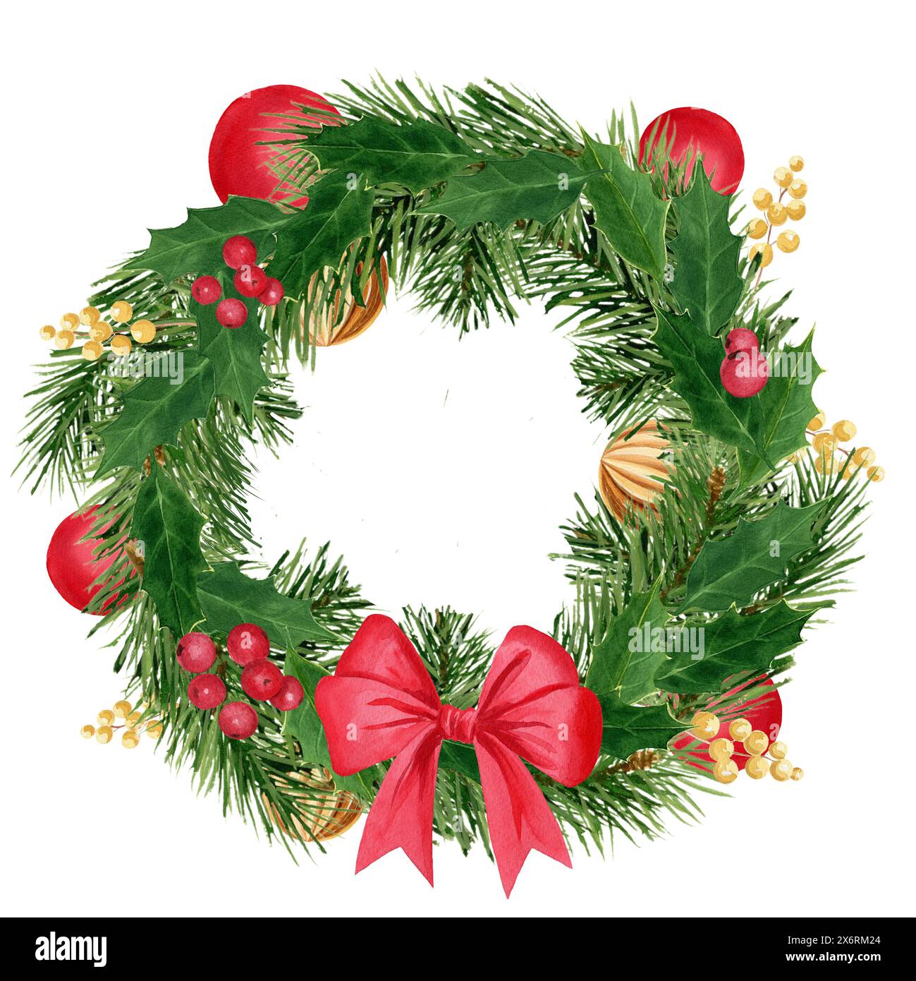 Holly leaves, pine, poinsettia, berry Christmas wreath with red bow and ...