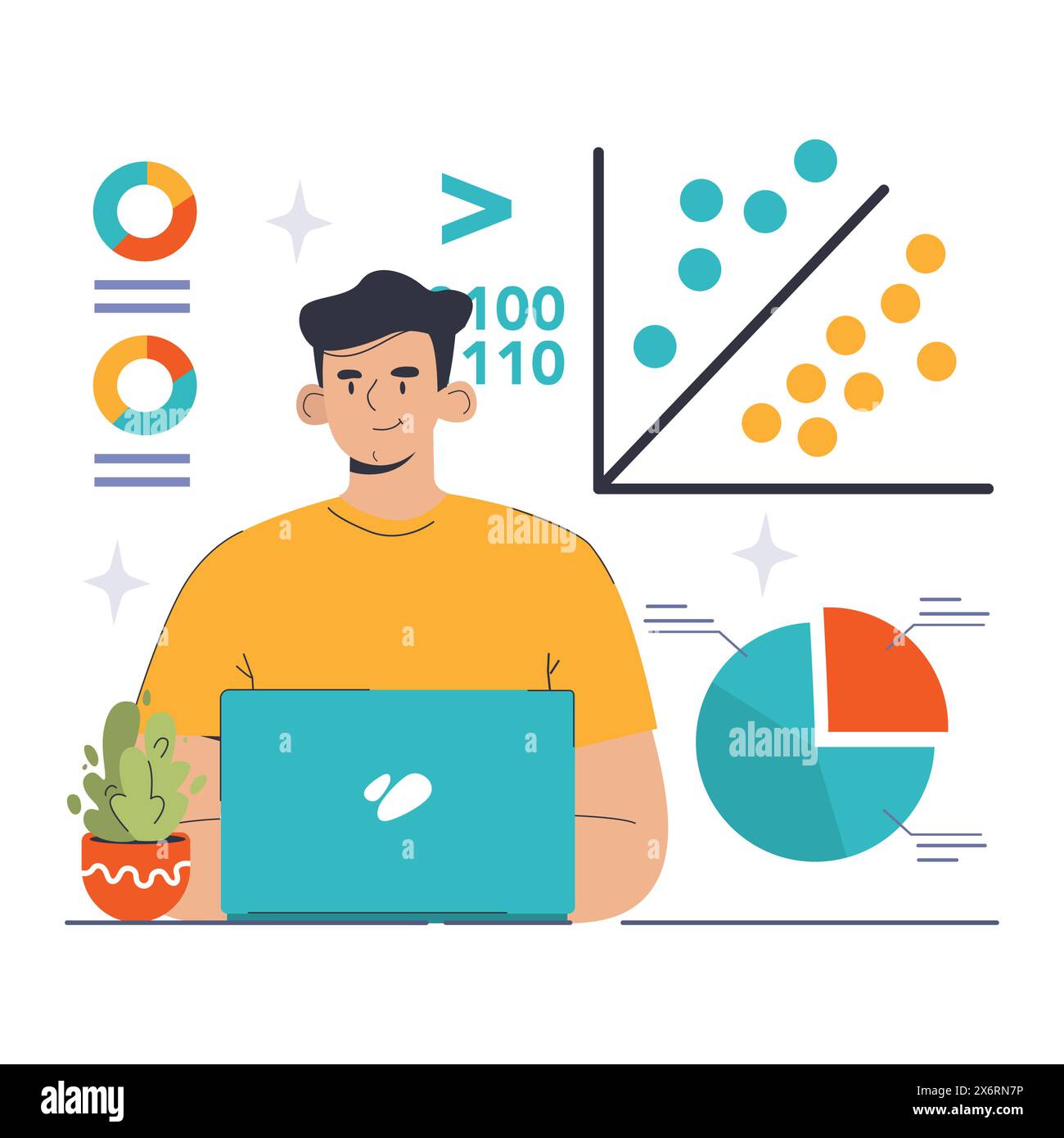 Supervised Learning concept. A focused man engages with machine learning algorithms on his laptop, amidst graphics depicting data classification. Flat vector illustration Stock Vector