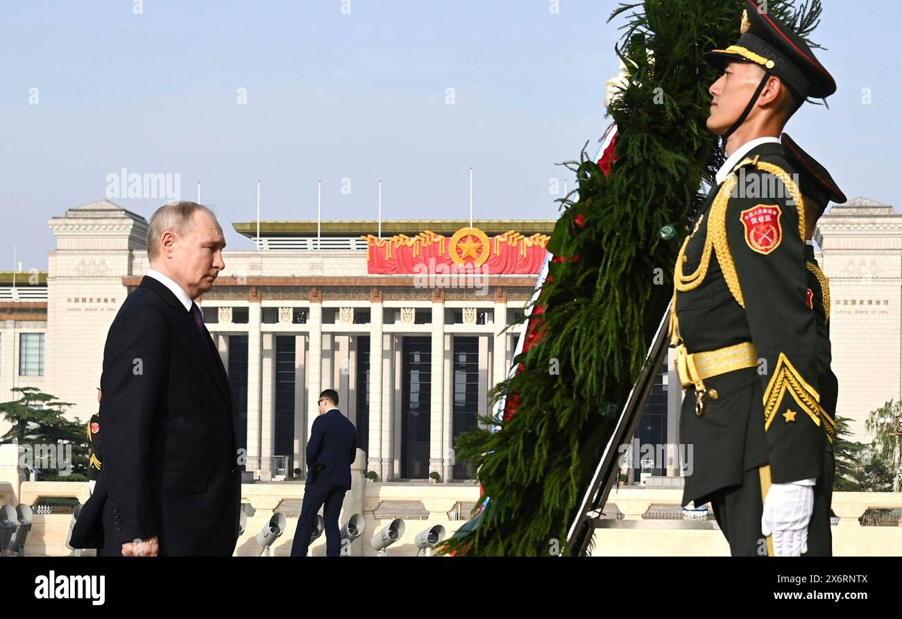 Beijing, China. 16th May, 2024. Russian President Vladimir Putin, during a wreath laying ceremony at the Monument to the People's Heroes in Tiananmen Square, May 16, 2024, in Beijing, China. Credit: Kremlin Pool/Russian Presential Press Service/Alamy Live News Stock Photo