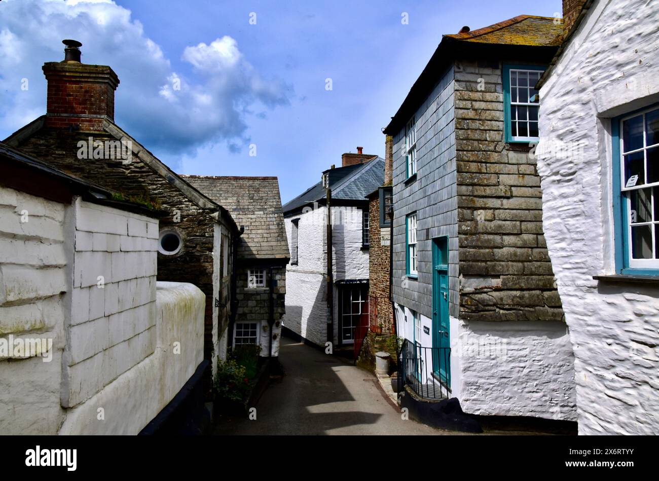The quaint street in the old town of Port Isaac. Stock Photo