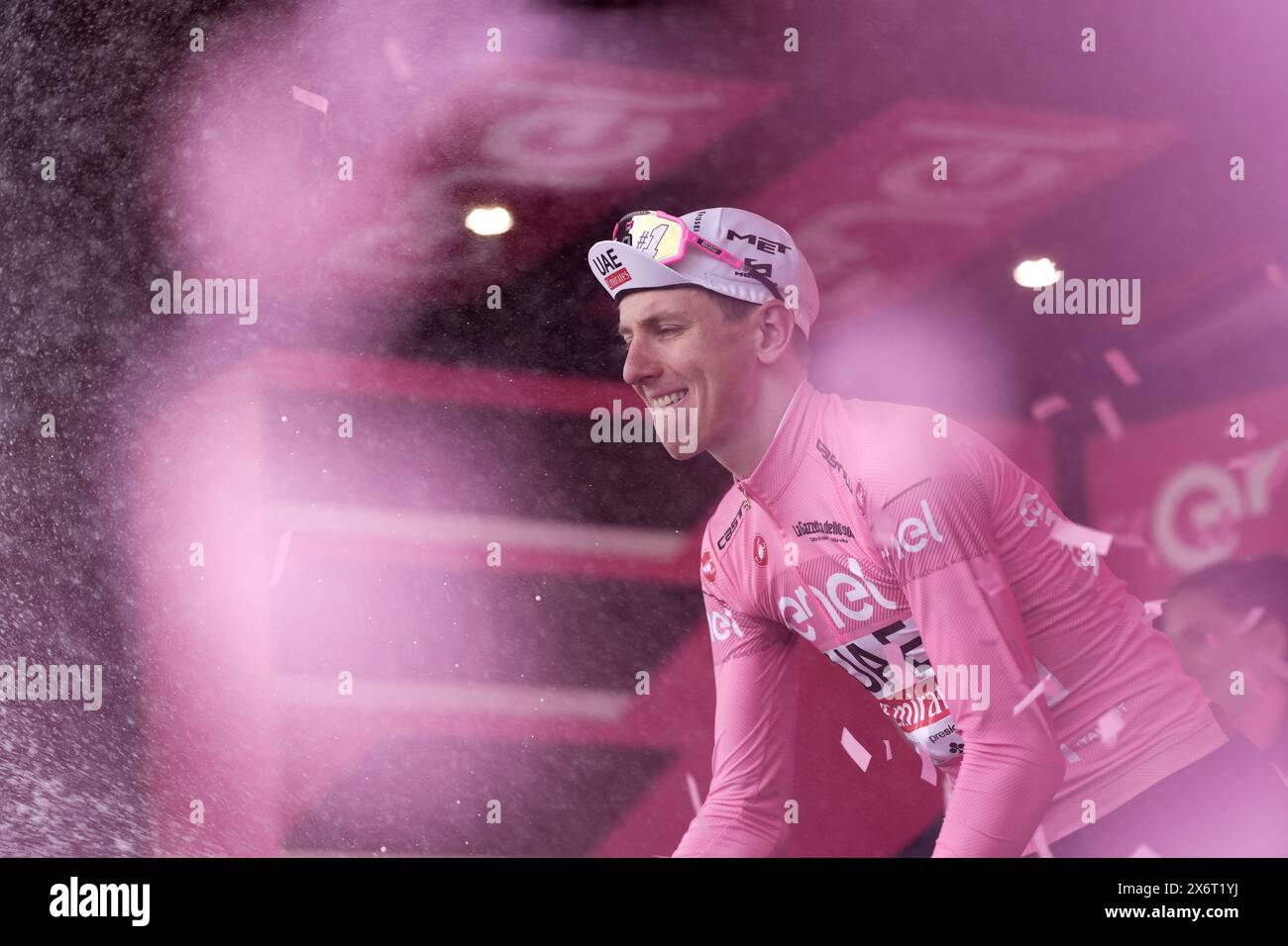 Fano, Italia. 16th May, 2024. Pogacar Tadej (Team Uae Emirates) pink jersey a the ena of the stage 12 of the Giro d'Italia from Martinsicuro to Fano, Italy - Thursday, May 16, 2024 - Sport, Cycling (Photo by Massimo Paolone /LaPresse) Credit: LaPresse/Alamy Live News Stock Photo