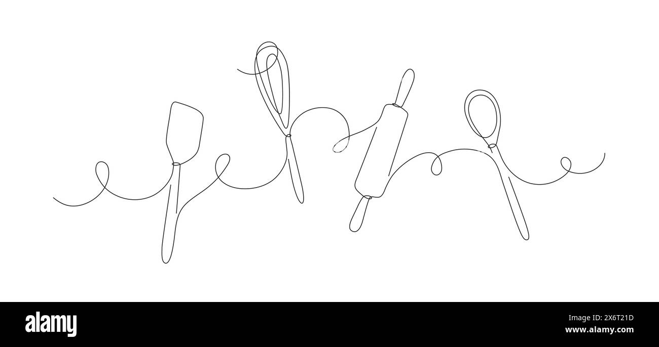 Bakery tools whisk, rolling pin, spatula silhouette drawing on white background Stock Vector