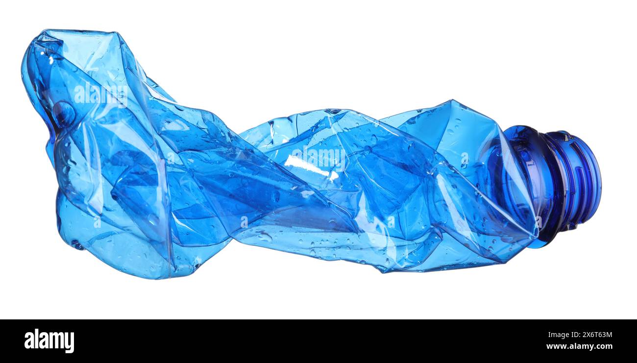Crumpled disposable plastic bottle isolated on white Stock Photo - Alamy