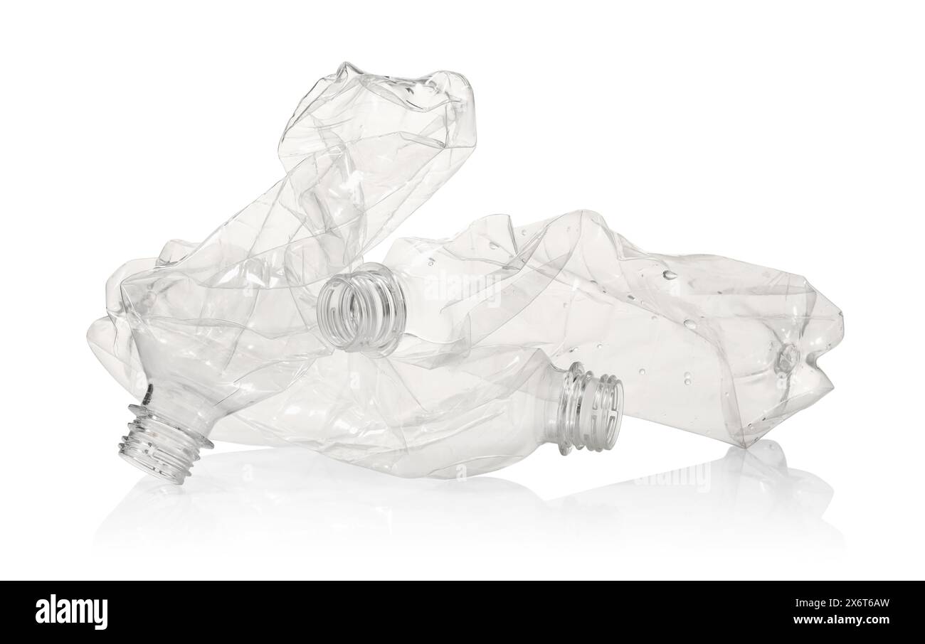 Crumpled disposable plastic bottles isolated on white Stock Photo - Alamy