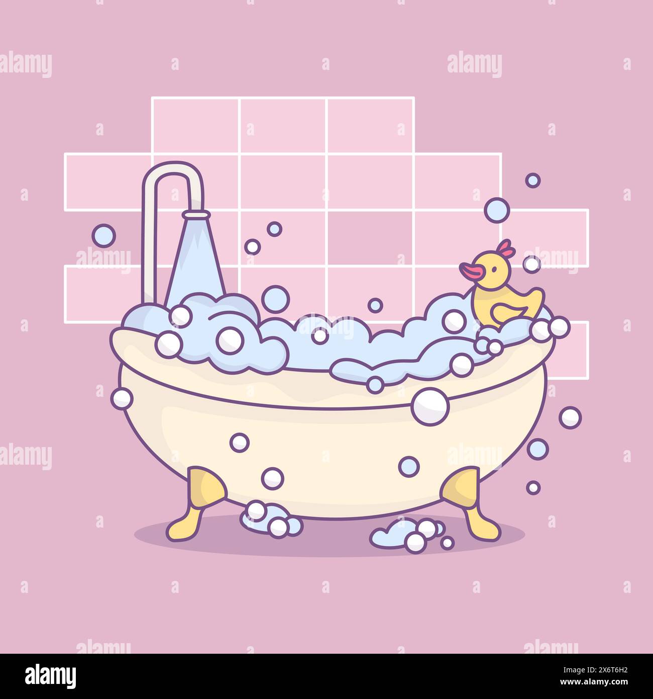 Vintage cartoon bathtub overflowing with foam frothy bubbles, with