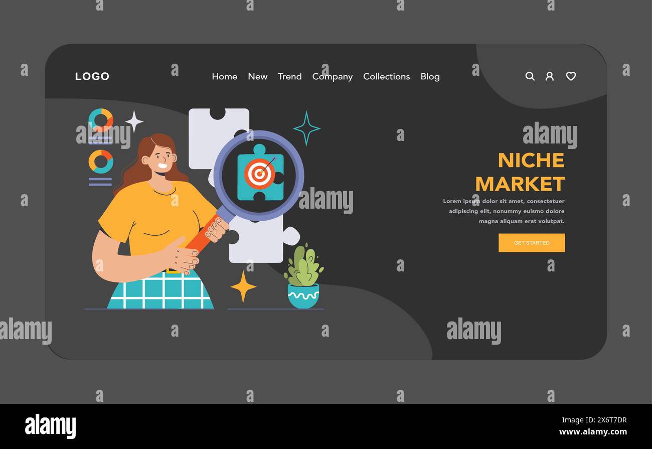 Niche Market dark or night mode web, landing. Woman analyzing specific
