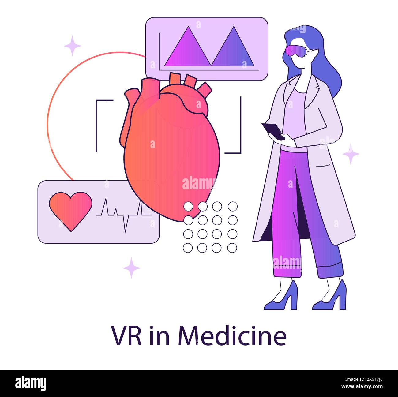 Augmented reality in healthcare concept. A medical professional using VR for cardiac examination and diagnosis. Virtual heart monitoring advancement vector illustration. Stock Vector
