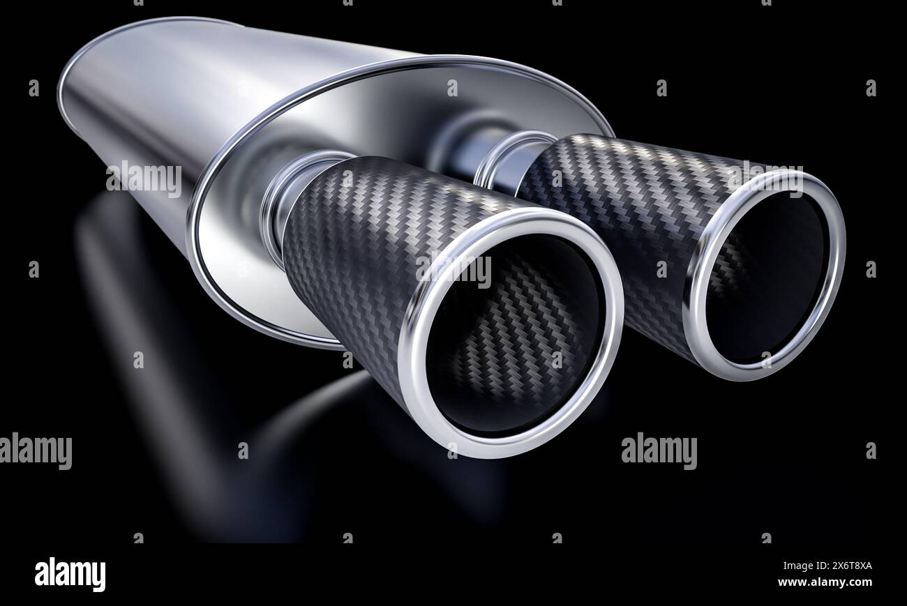 shiny carbon fiber steel car exhaust black background. automotive