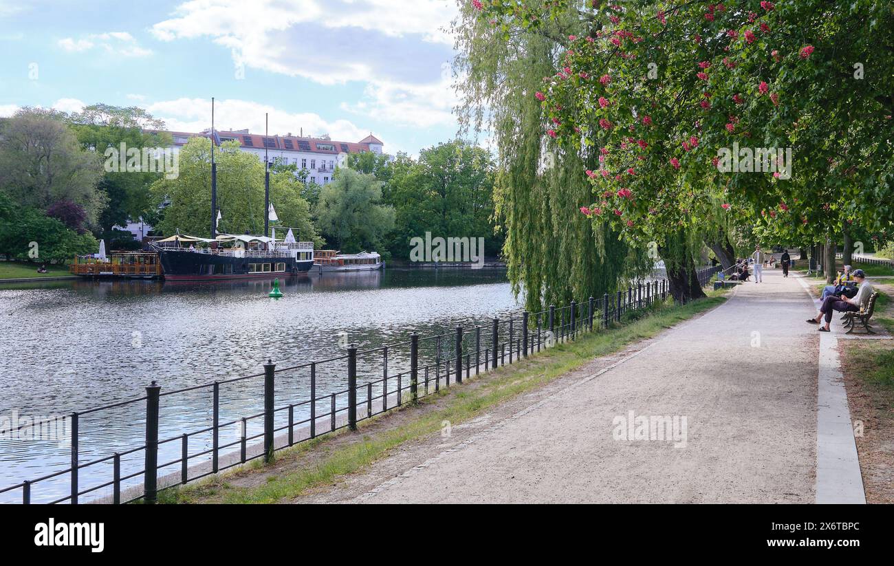 Berlin Riverside Berlin Germany, May 6, 2024, riverside path at Urbanhafen with ...