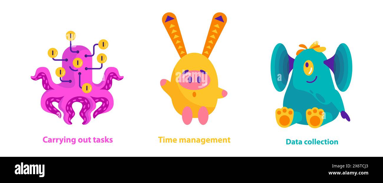 Monster Helpers set. Imaginative creatures demonstrating task execution, time management, and data collection. Fun approach to productivity concepts. Vector illustration. Stock Vector