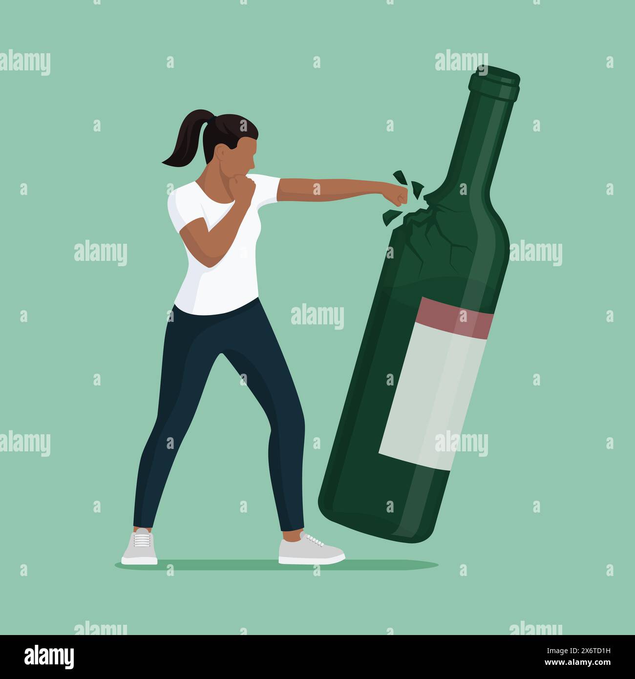 Strong woman punching a wine bottle and fighting alcohol addiction ...