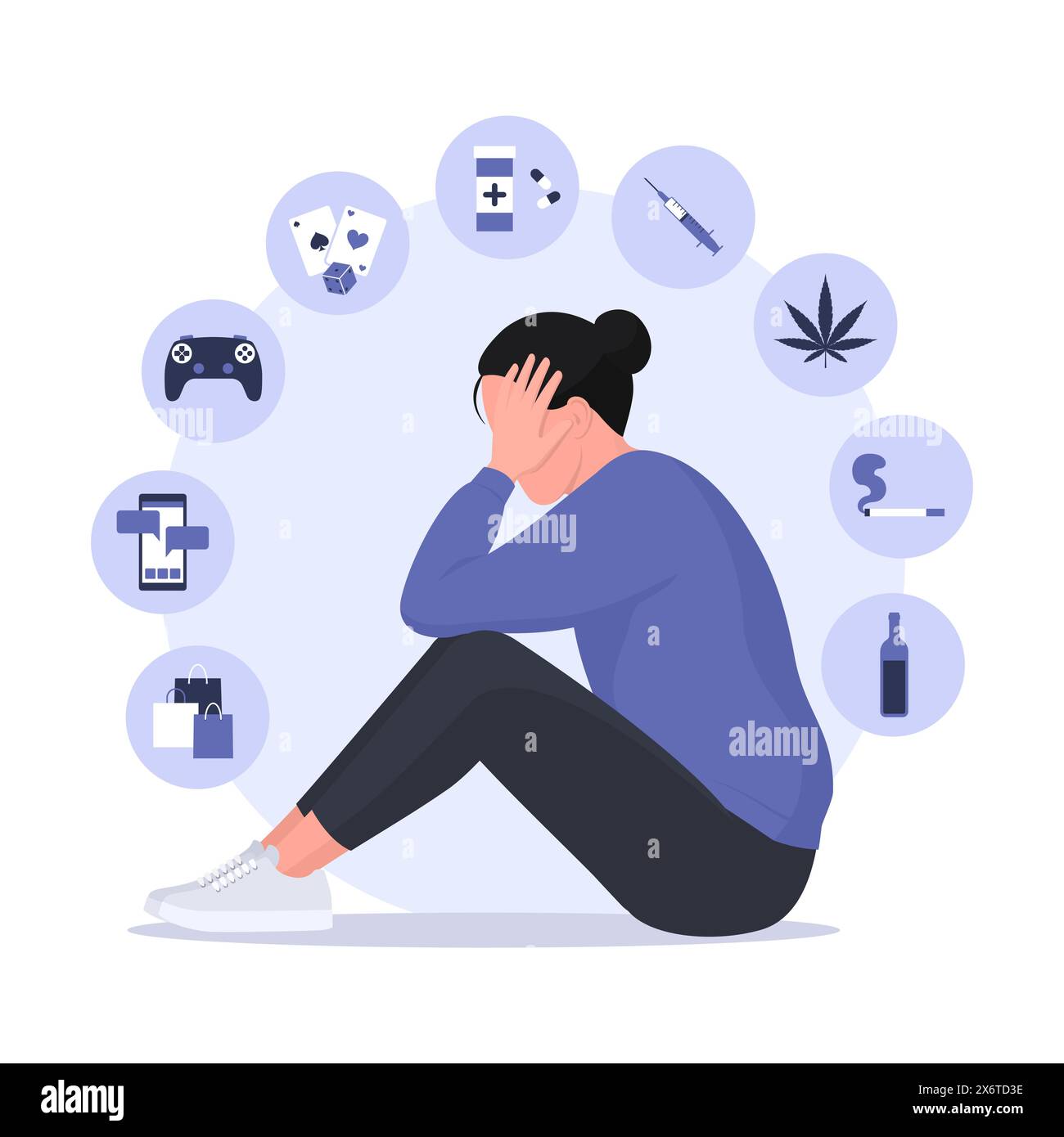 Types of addiction infographic with icons and depressed woman: mental disorders concept Stock Vector