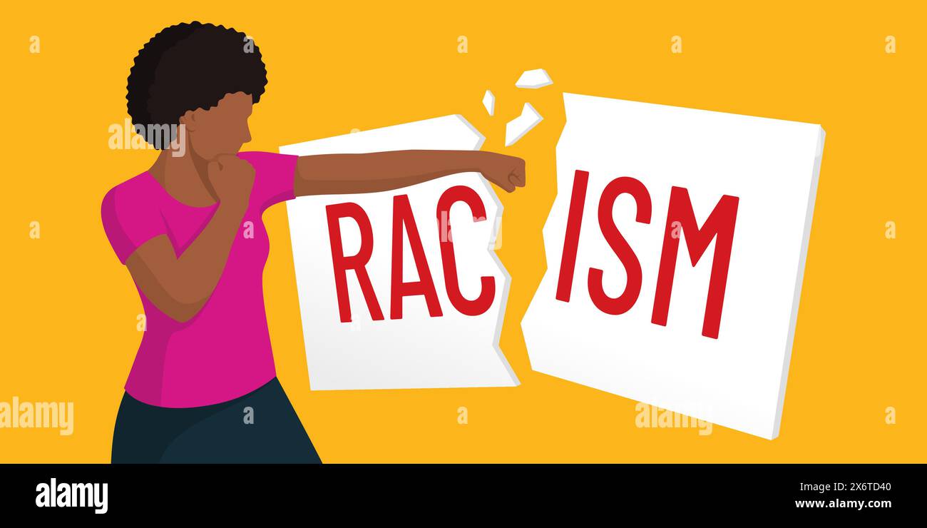 African woman fighting against racism, she is punching a sign with the word 'racism' Stock Vector