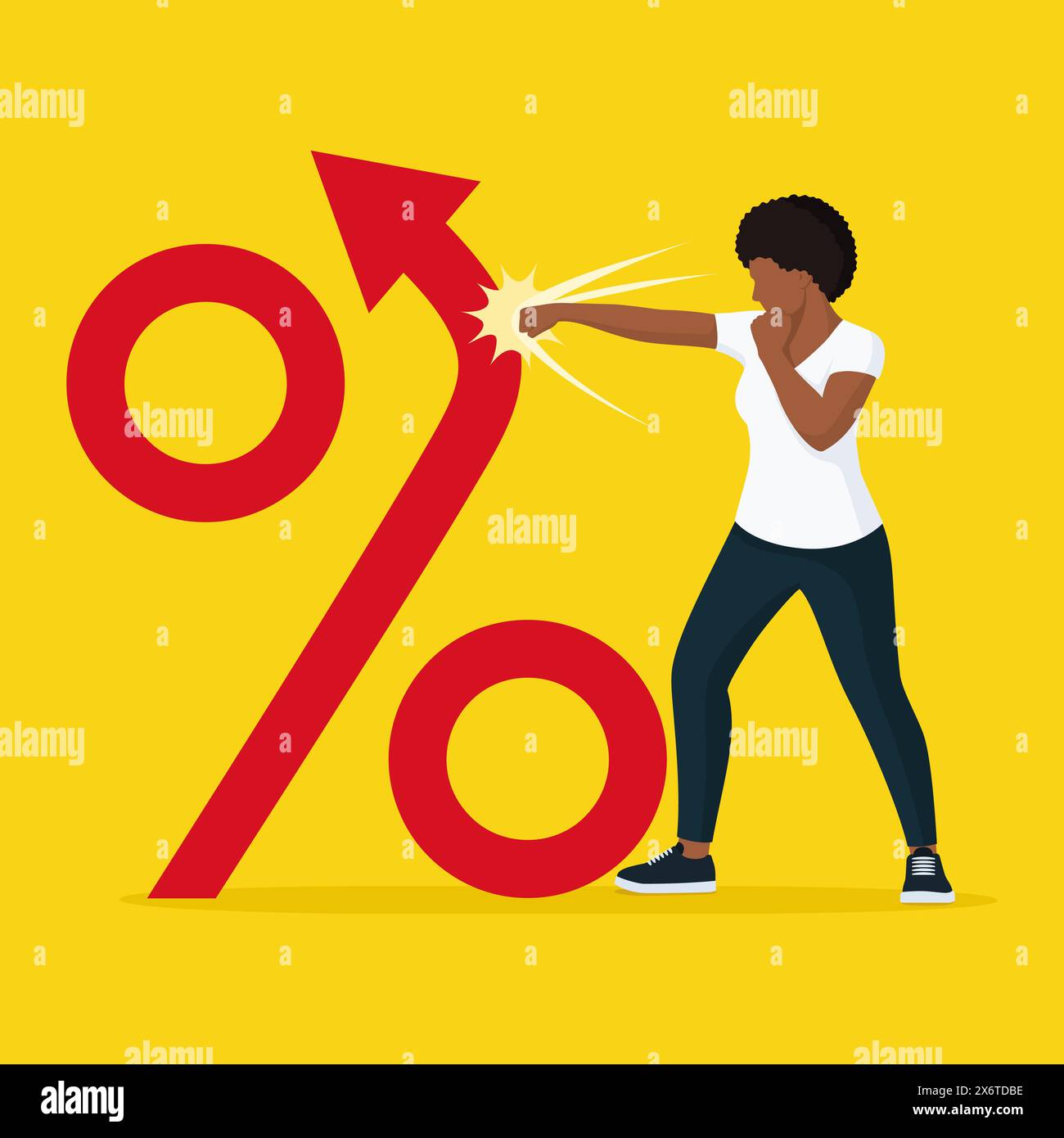 Consumer punching a percent symbol with arrow going up: rising prices and inflation concept Stock Vector