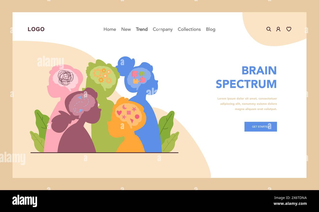 Neurodiversity web banner or landing page. Cognitive development spectrum. Mental health awareness. Sociability, learning ability, attention span, mood and mental disorders. Flat vector illustration Stock Vector