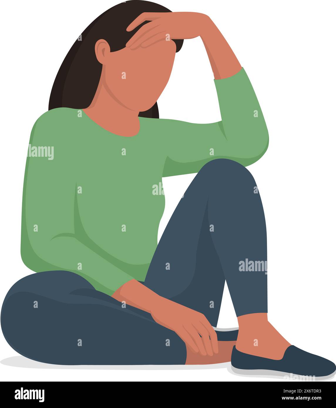 Sad worried woman sitting on the floor and thinking, mental health