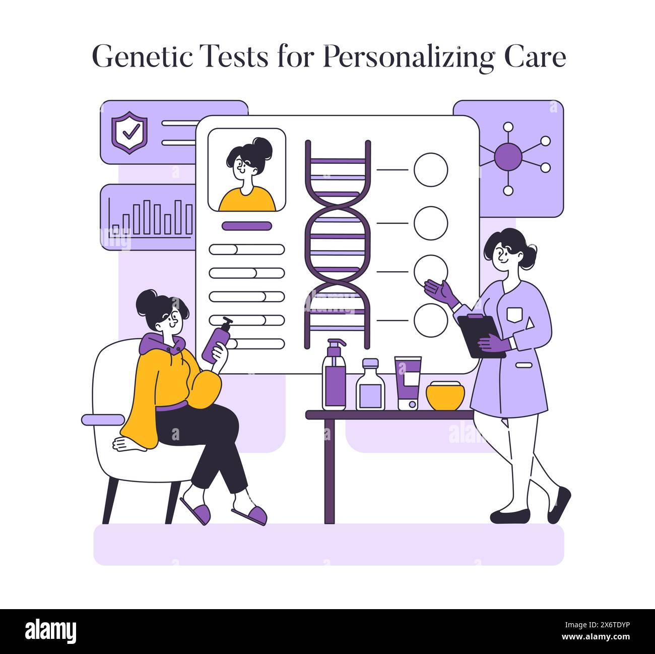 Genetic testing concept. Tailored healthcare solutions using DNA analysis. Patient and scientist exploring personalized treatment options. Vector illustration. Stock Vector