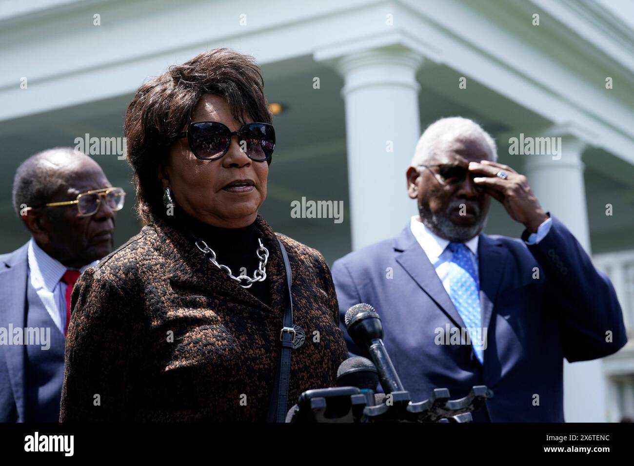 Washington, United States. 16th May, 2024. Cheryl Brown Henderson, daughter of Brown v. Board of Education plaintiff, Oliver Brown, speaks to the media with other plaintiffs after their meeting with President Joe Biden at the White House in Washington on Thursday, May 16, 2024. Photo by Yuri Gripas/UPI Credit: UPI/Alamy Live News Stock Photo