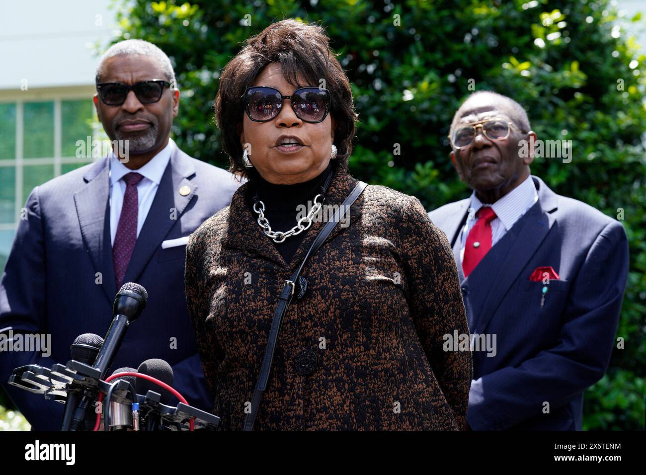 Washington, United States. 16th May, 2024. Cheryl Brown Henderson, daughter of Brown v. Board of Education plaintiff, Oliver Brown, speaks to the media with other plaintiffs after their meeting with President Joe Biden at the White House in Washington on Thursday, May 16, 2024. Photo by Yuri Gripas/UPI Credit: UPI/Alamy Live News Stock Photo